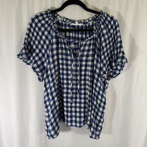 Jane Delancey Blouse Women's XL Blue White Plaid Tie Short Sleeve Round Neck